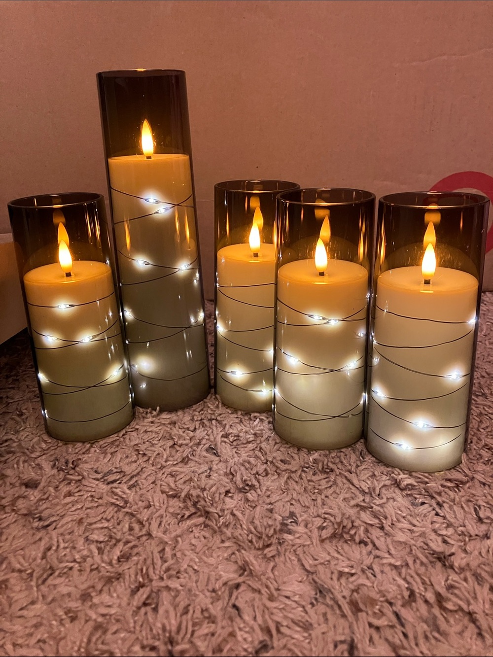 Set of 6 LED Flameless Pillar Candles with Smoky Glass Holders - Cream